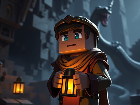 Blocky Adventurer Holding Lantern in Dark Dungeon
