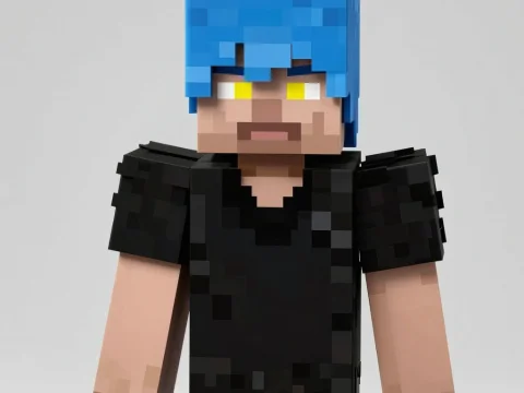 Blocky Anime Character with Blue Hair and Yellow Eyes