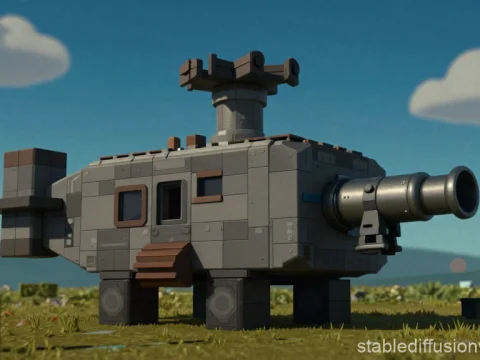 Blocky Steampunk Zeppelin with Cannon in Open Field