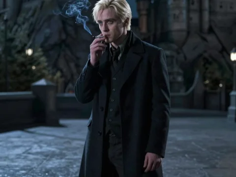 Blond Man Smoking Outside a Castle at Night