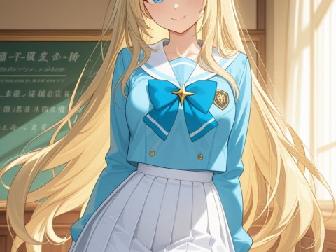 Blonde Anime Girl in School Uniform in Classroom