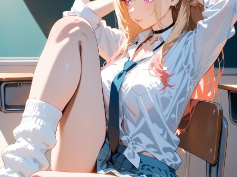 Blonde Anime Girl in School Uniform Relaxing in Classroom