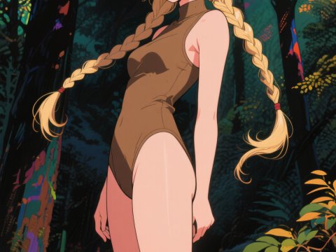 Blonde Anime Girl with Braids in Forest