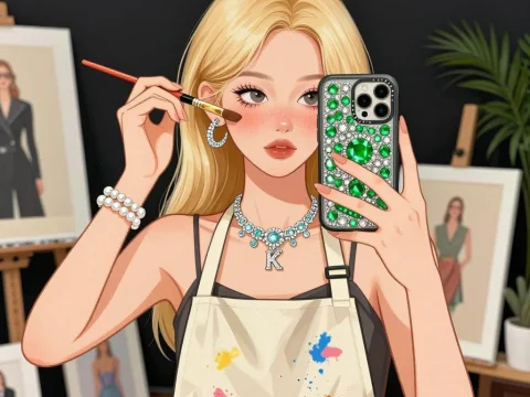 Blonde Artist Taking a Selfie in Studio