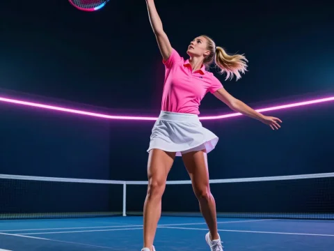Blonde Female Tennis Player Serving on Court with Neon Lights