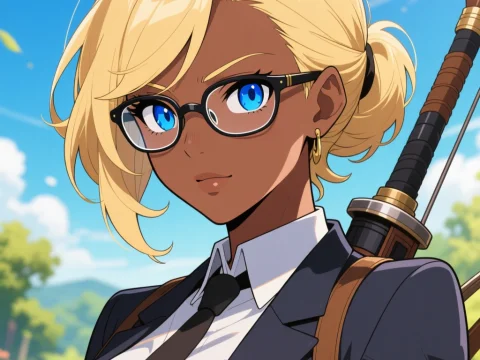 Blonde Hunter with Glasses and Sword in Anime Style