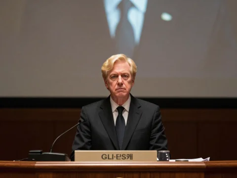 Blonde Man in Formal Suit Speaking at Podium