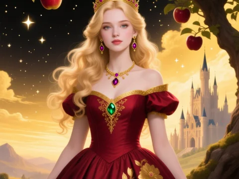 Blonde Princess Under Apple Tree with Castle Background