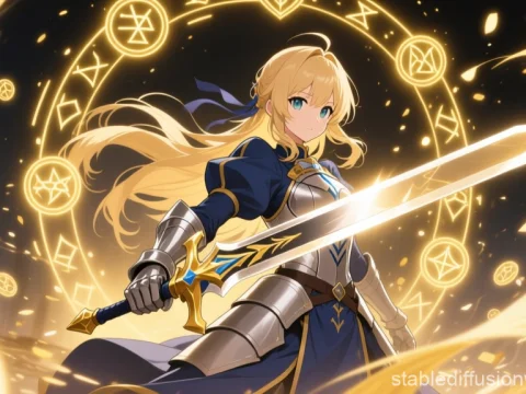 Blonde Warrior with Glowing Golden Sword and Magic Circle