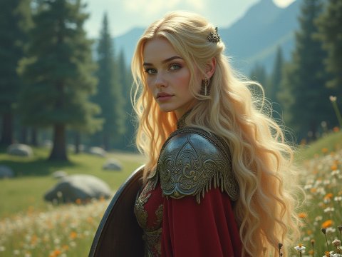 Blonde Warrior Woman in Ornate Armor in a Mountain Meadow
