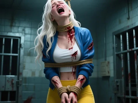 Blonde Woman Bound and Injured in Dark Prison Cell
