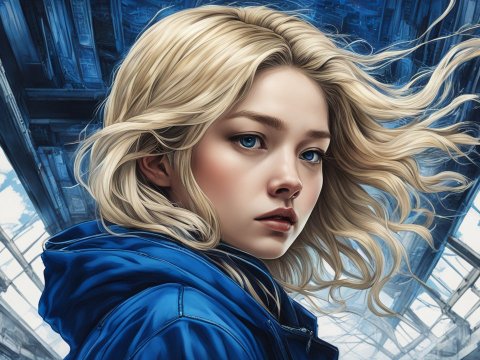 Blonde Woman in Blue Jacket with Wind-Swept Hair