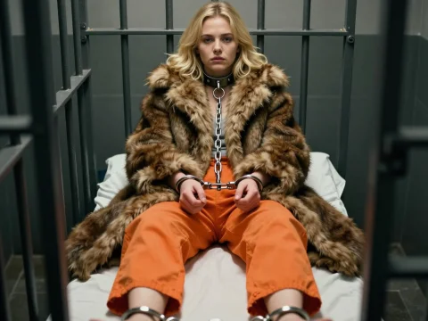 Blonde Woman in Fur Coat and Orange Prison Uniform in Jail Cell