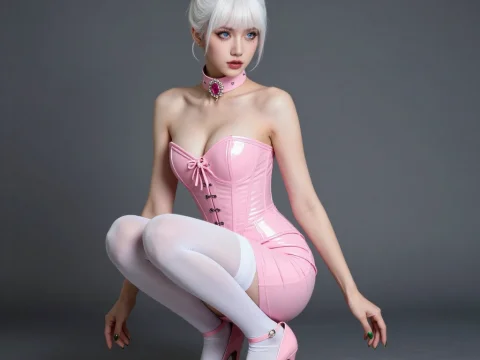 Blonde Woman in Pink Corset and Heels with Victorian Style
