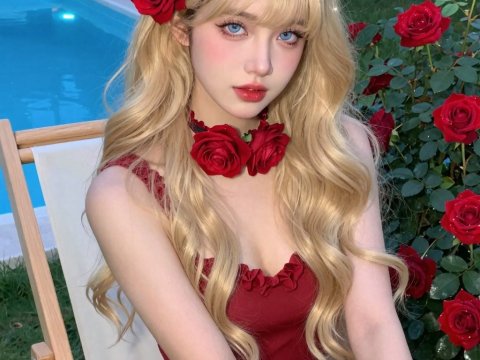 Blonde Woman in Red Dress with Roses by Pool