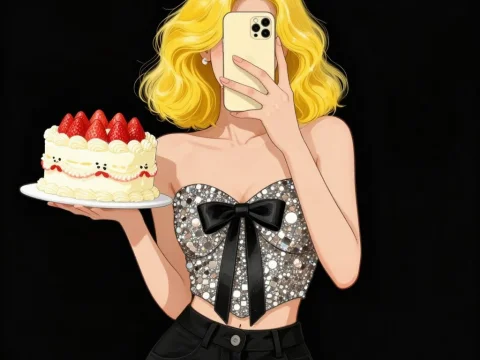 Blonde Woman Taking Selfie Holding Strawberry Cake