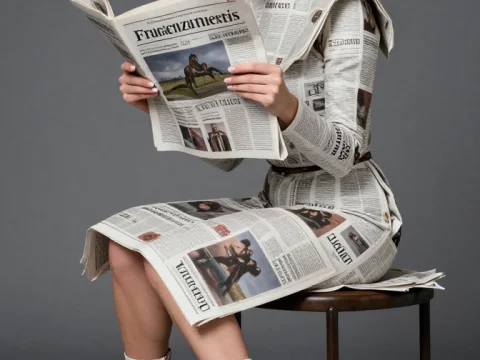 Blonde Woman Wearing Newspaper Outfit Reading Newspaper