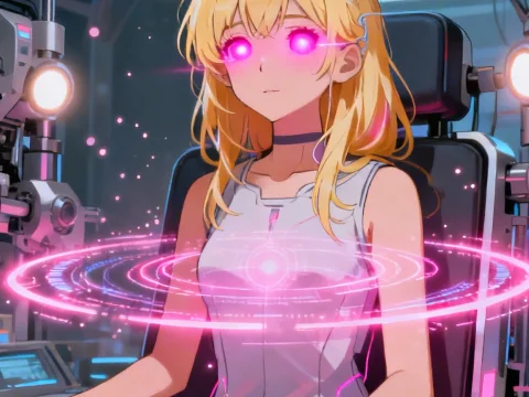 Blonde Woman with Glowing Eyes in Futuristic Sci-Fi Setup