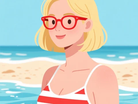Blonde Woman with Red Glasses at the Beach