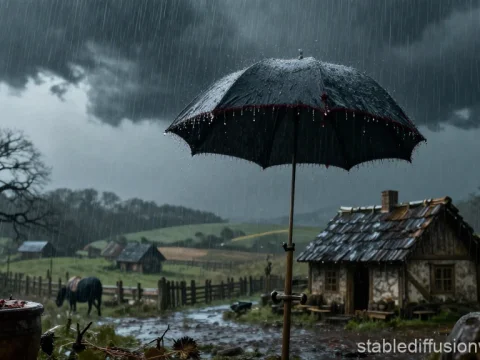 Blood-Dripping Umbrella in a Medieval Rainstorm