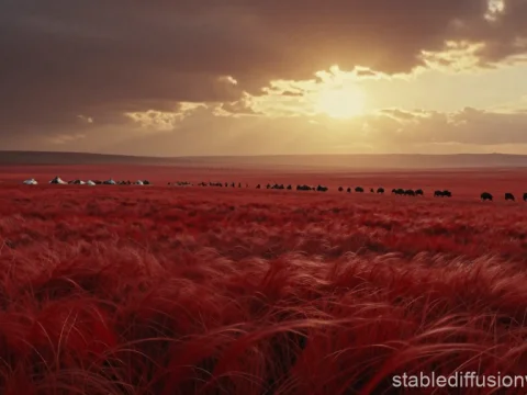 Blood Red Steppe at Dusk with Grazing Bison