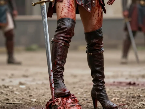 Bloodied Gladiator Standing Over Defeated Foe in Arena