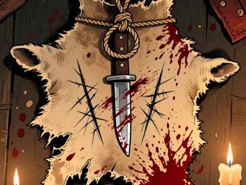 Bloodied Knife on Raw Hide with Candles