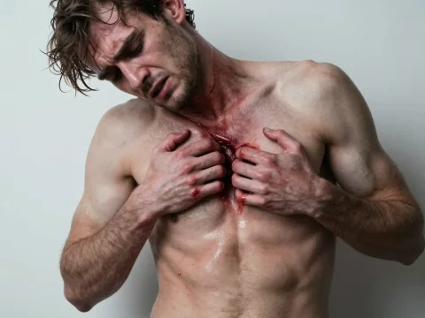 Bloodied Man Clutching His Chest in Pain