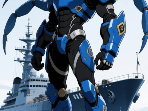Blue Armored Crustacean-Inspired Warrior by the Ship