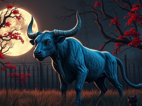 Blue Bovine Creature Under Full Moon with Red Foliage