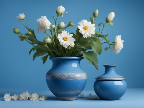 Blue Ceramic Vase with White Daisies on Blue Background