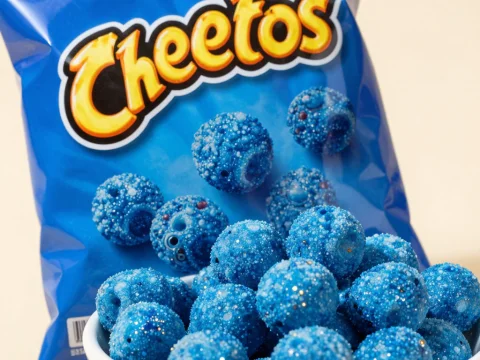 Blue Cheetos Snack Balls in White Bowl with Packaging