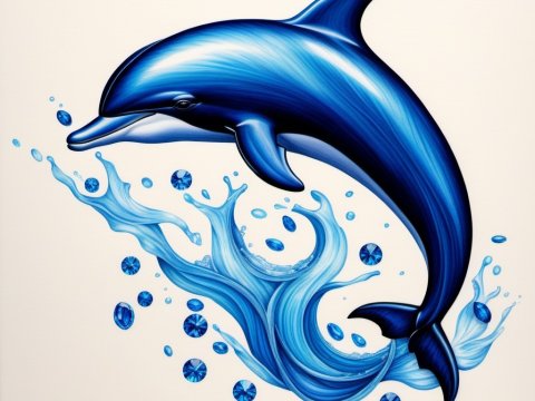 Blue Dolphin with Water Splash and Gems Illustration