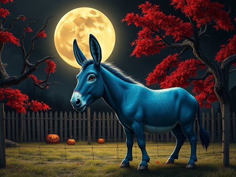 Blue Donkey Under Full Moon with Red Autumn Trees