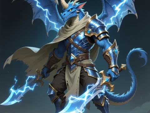 Blue Dragonborn Rogue with Lightning Blades