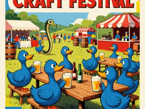 Blue Ducks Enjoying Craft Festival Outdoors