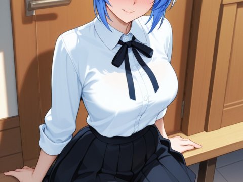 Blue-Haired Anime Girl Sitting on Bench