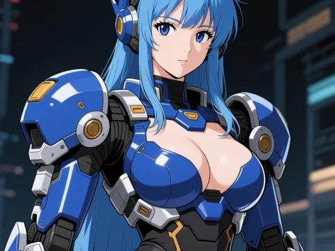 Blue-Haired Female Mecha Warrior in Futuristic Armor