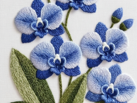 Blue Orchid Embroidery with Butterfly Detail