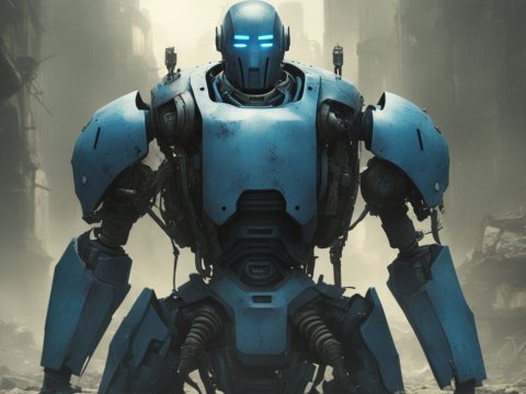 Blue Robot in Post-Apocalyptic Cityscape