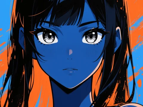 Blue-Skinned Anime Girl with Intense Gaze