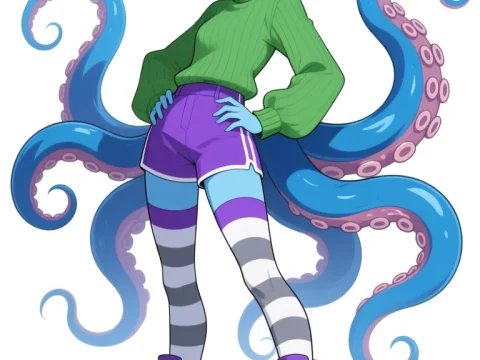 Blue-Skinned Octopus Girl in Casual Outfit