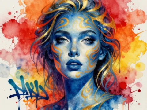 Blue Skinned Woman with Golden Patterns in Watercolor