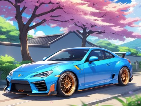 Blue Sports Car Under Cherry Blossom Trees in Anime Style
