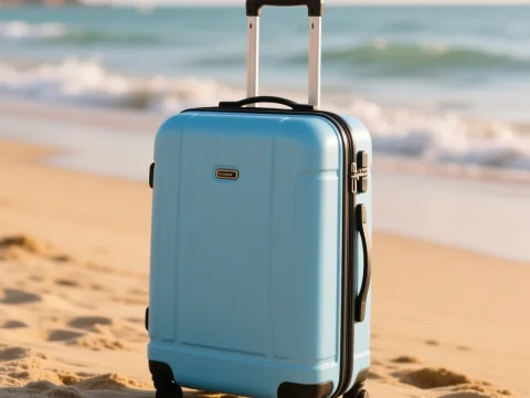 Blue Suitcase on Sandy Beach by the Ocean