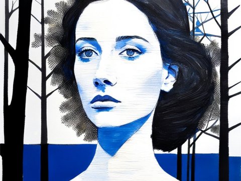 Blue-Toned Portrait of a Woman Amidst Stylized Trees