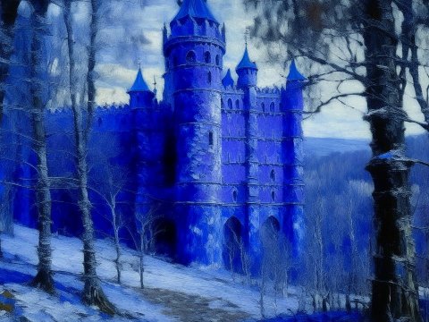 Blue Violet Castle in a Winter Forest