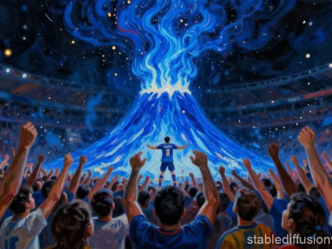 Blue Volcano Eruption Celebrated by Soccer Fans
