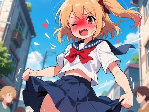 Blushing Anime Girl in Sailor Uniform on Sunny Street
