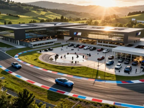 BMW M Performance Center with Cars on Track at Sunset